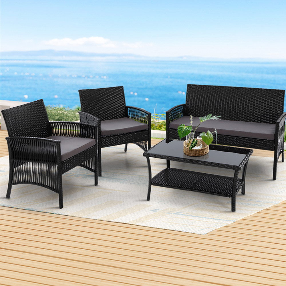 Gardeon 4PCS Outdoor Sofa Set Wicker Harp Chair Table Garden Furniture Black-Outdoor Furniture Sets-PEROZ Accessories
