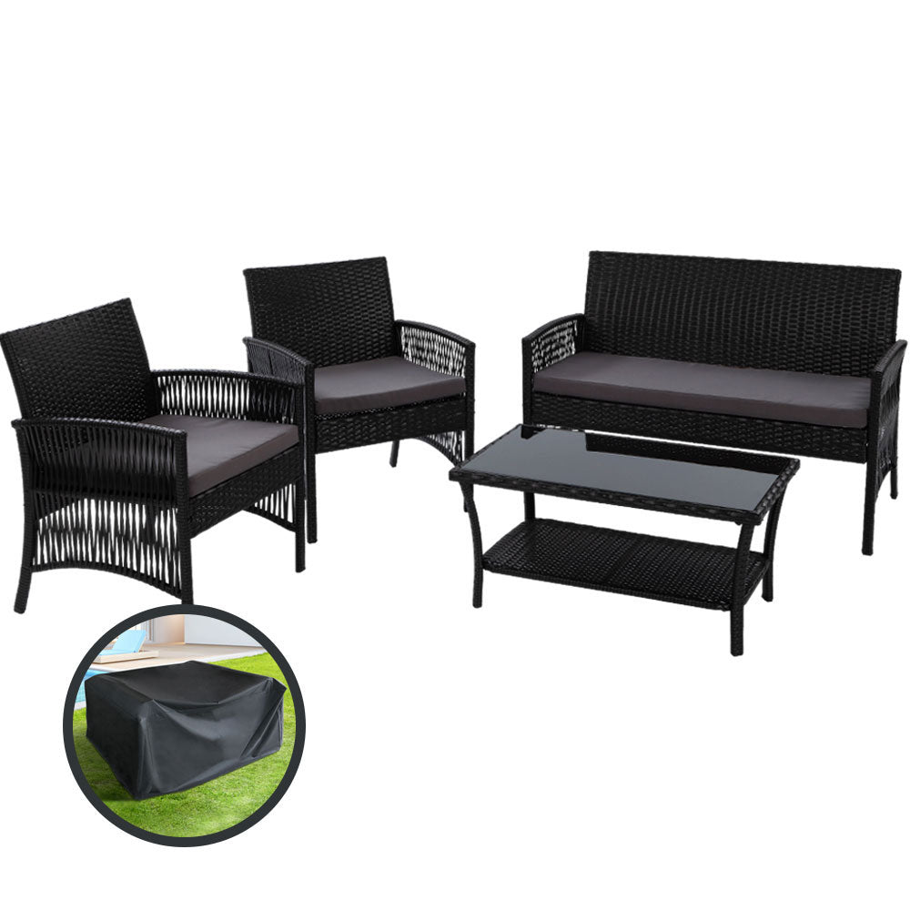 Gardeon 4PCS OutdoorSofa Set with Storage Cover Wicker Harp Chair Table Black-Outdoor Furniture Sets-PEROZ Accessories