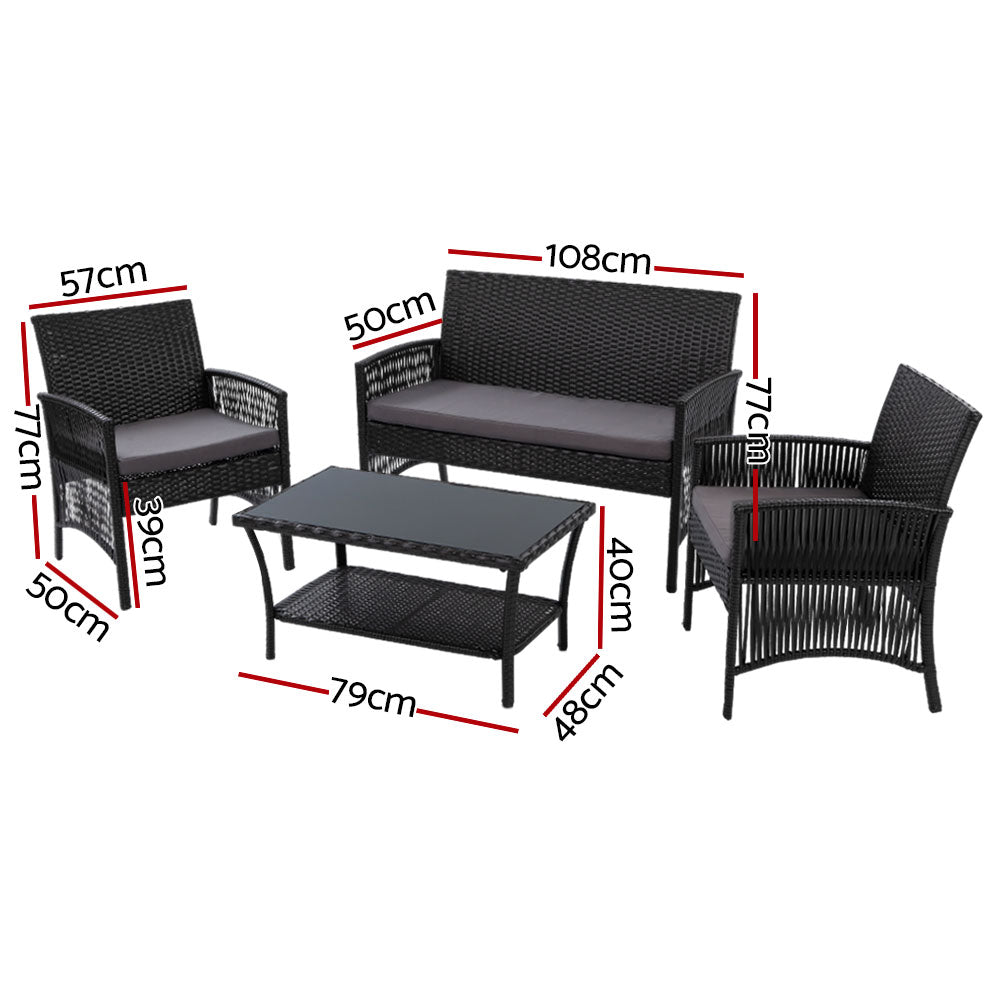 Gardeon 4PCS OutdoorSofa Set with Storage Cover Wicker Harp Chair Table Black-Outdoor Furniture Sets-PEROZ Accessories