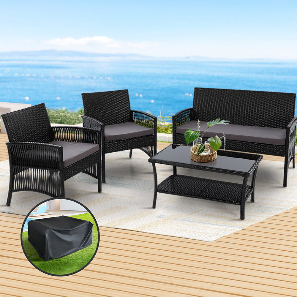 Gardeon 4PCS OutdoorSofa Set with Storage Cover Wicker Harp Chair Table Black-Outdoor Furniture Sets-PEROZ Accessories