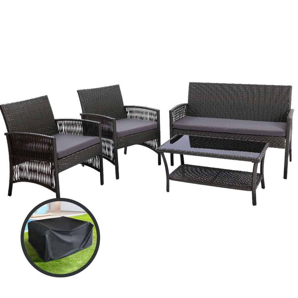 Gardeon 4PCS Outdoor Sofa Set with Storage Cover Wicker Harp Chair Table Grey-Outdoor Furniture Sets-PEROZ Accessories