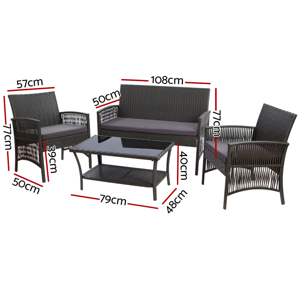 Gardeon 4PCS Outdoor Sofa Set with Storage Cover Wicker Harp Chair Table Grey-Outdoor Furniture Sets-PEROZ Accessories