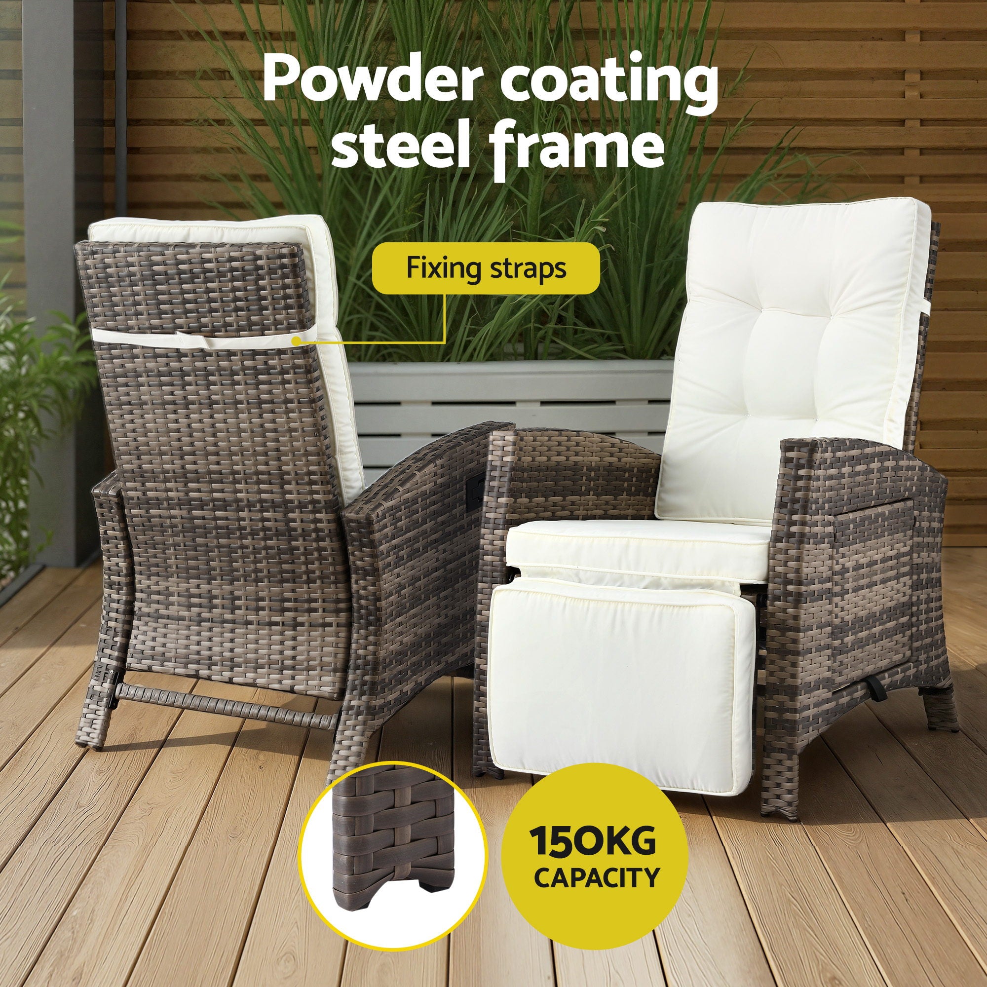 Gardeon 3PC Outdoor Bistro Set Recliner Chairs Table Sun lounge Patio Furniture Wicker Adjustable-Furniture > Outdoor > Outdoor Chairs-PEROZ Accessories