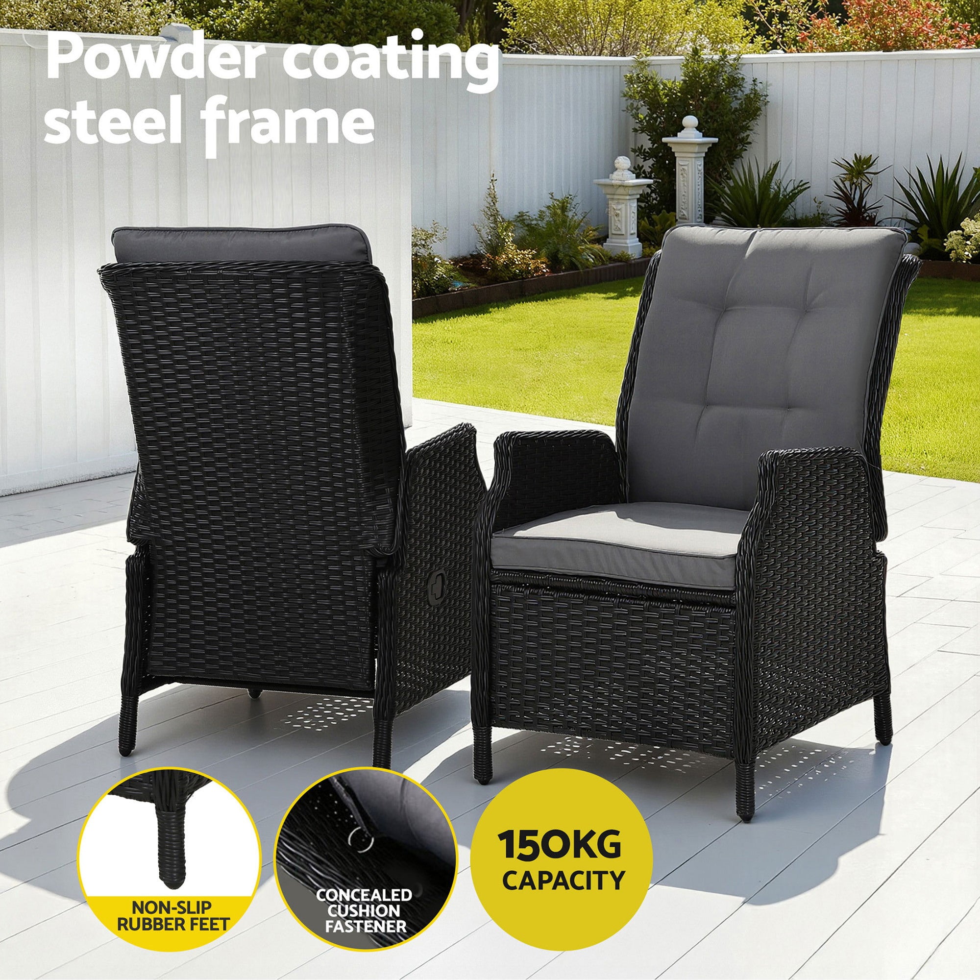 Gardeon Recliner Chair Sun lounge Wicker Lounger Outdoor Furniture Patio Adjustable Black-Sun Lounges-PEROZ Accessories