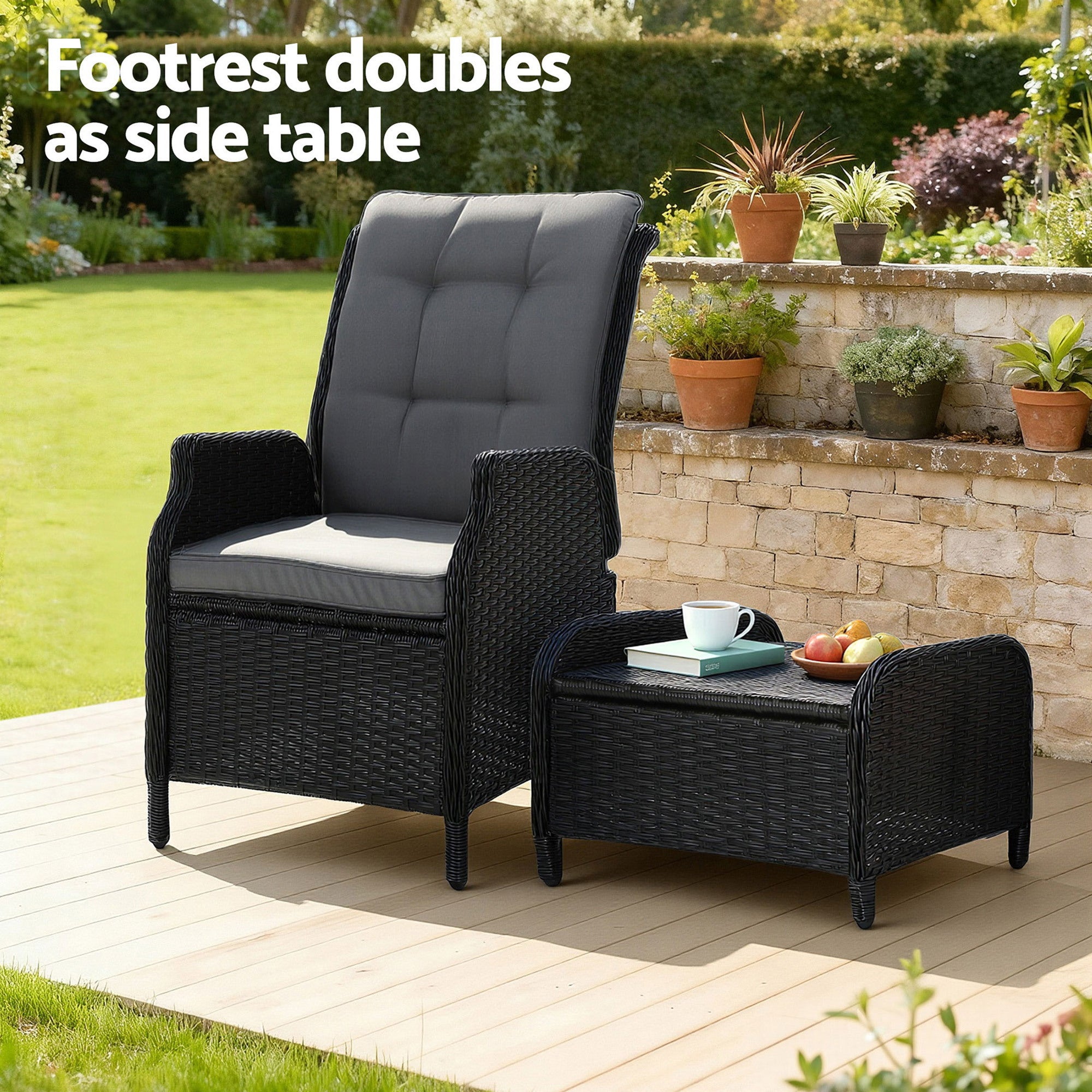 Gardeon Recliner Chair Sun lounge Wicker Lounger Outdoor Furniture Patio Adjustable Black-Sun Lounges-PEROZ Accessories
