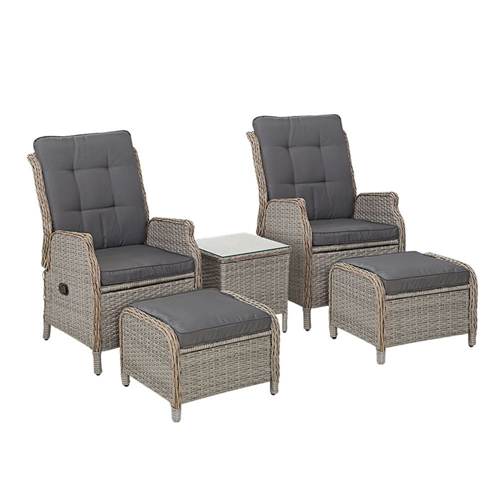 Gardeon 5PC Recliner Chairs Table Sun lounge Wicker Outdoor Furniture Adjustable Grey-Furniture > Outdoor > Outdoor Chairs-PEROZ Accessories