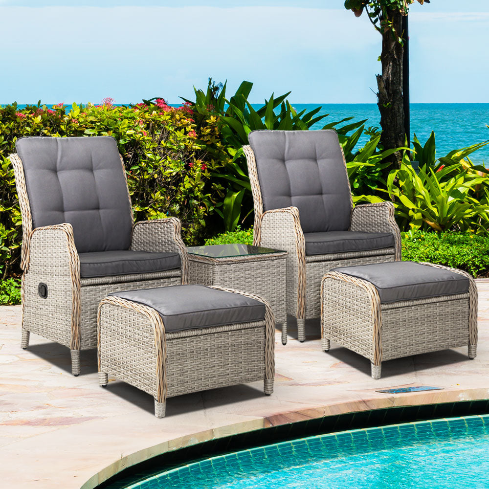 Gardeon 5PC Recliner Chairs Table Sun lounge Wicker Outdoor Furniture Adjustable Grey-Furniture > Outdoor > Outdoor Chairs-PEROZ Accessories