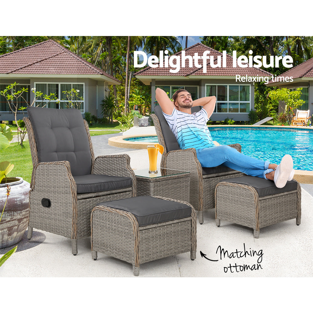 Gardeon 5PC Recliner Chairs Table Sun lounge Wicker Outdoor Furniture Adjustable Grey-Furniture > Outdoor > Outdoor Chairs-PEROZ Accessories
