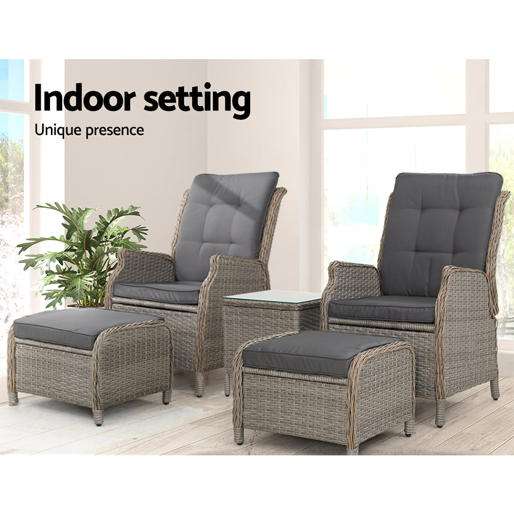 Gardeon 5PC Recliner Chairs Table Sun lounge Wicker Outdoor Furniture Adjustable Grey-Furniture > Outdoor > Outdoor Chairs-PEROZ Accessories