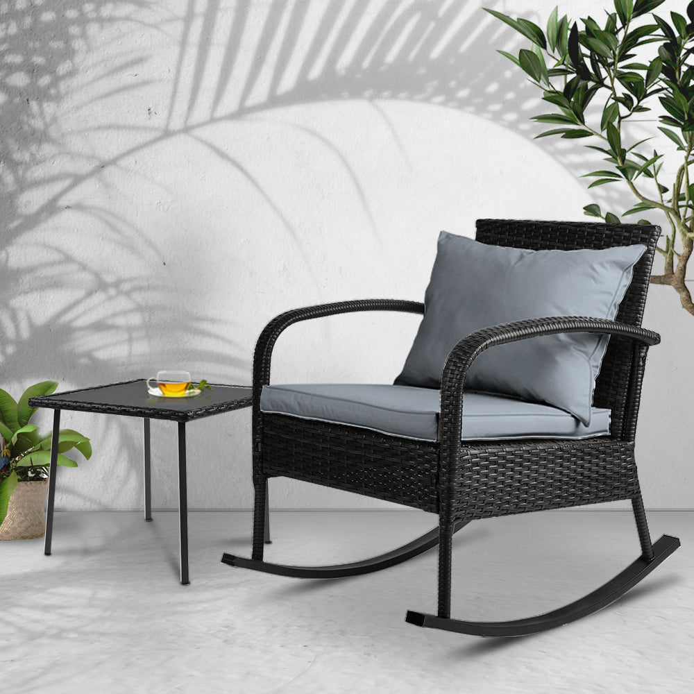 Gardeon 2PC Rocking Chair Table Wicker Outdoor Furniture Patio Lounge Setting-Outdoor Rocking Chairs-PEROZ Accessories
