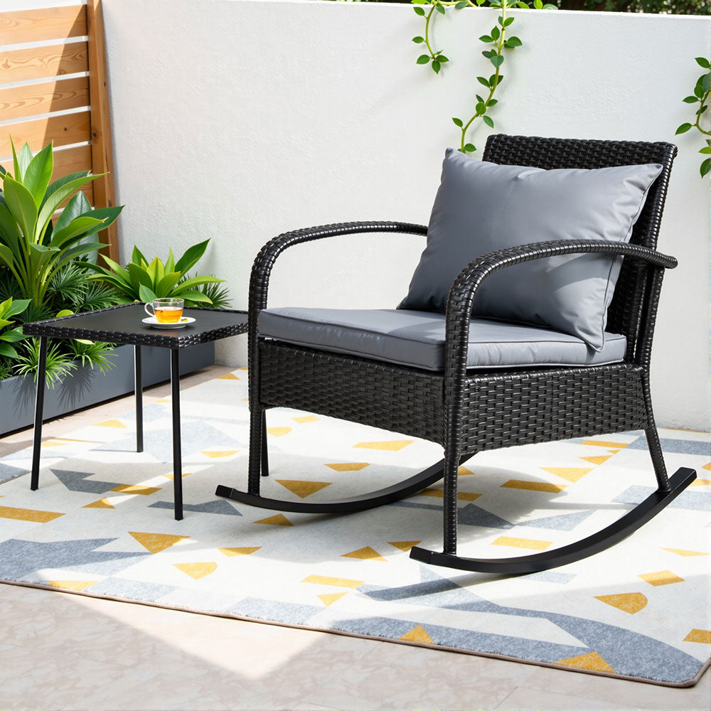 Gardeon 2PC Rocking Chair Table Wicker Outdoor Furniture Patio Lounge Setting-Outdoor Rocking Chairs-PEROZ Accessories