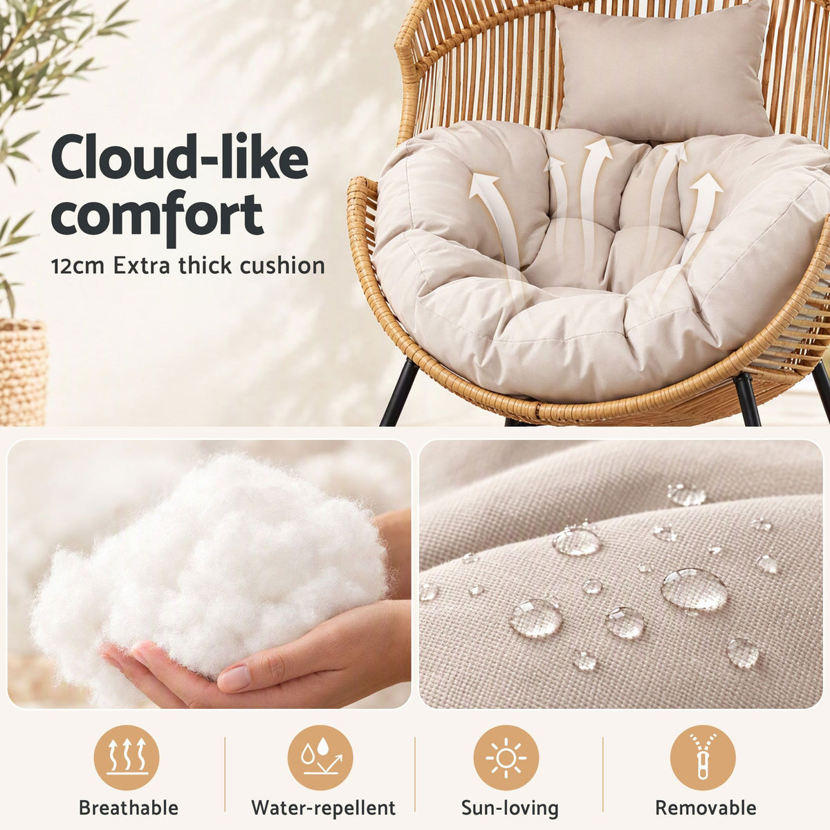 Gardeon Outdoor Egg Rocking Chair Rattan Lounger with Thick Cushion Patio Furniture Natural-Furniture > Outdoor > Outdoor Chairs-PEROZ Accessories
