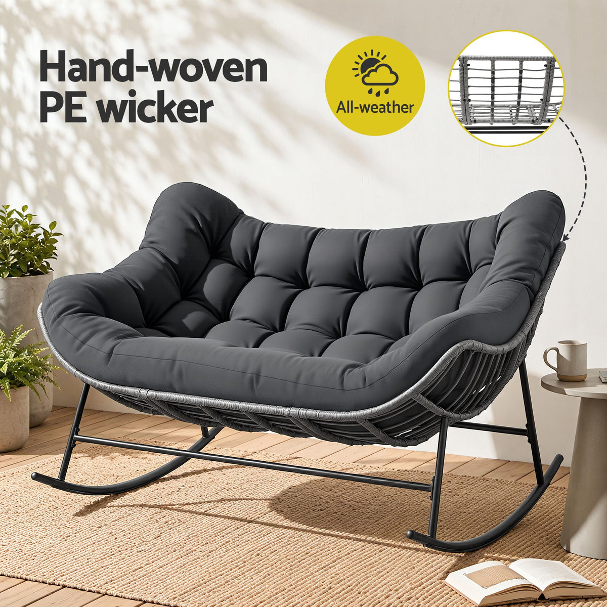 Gardeon Outdoor Rocking Chair Loveseat Wicker 2 Seater Cushion Patio Furniture Grey