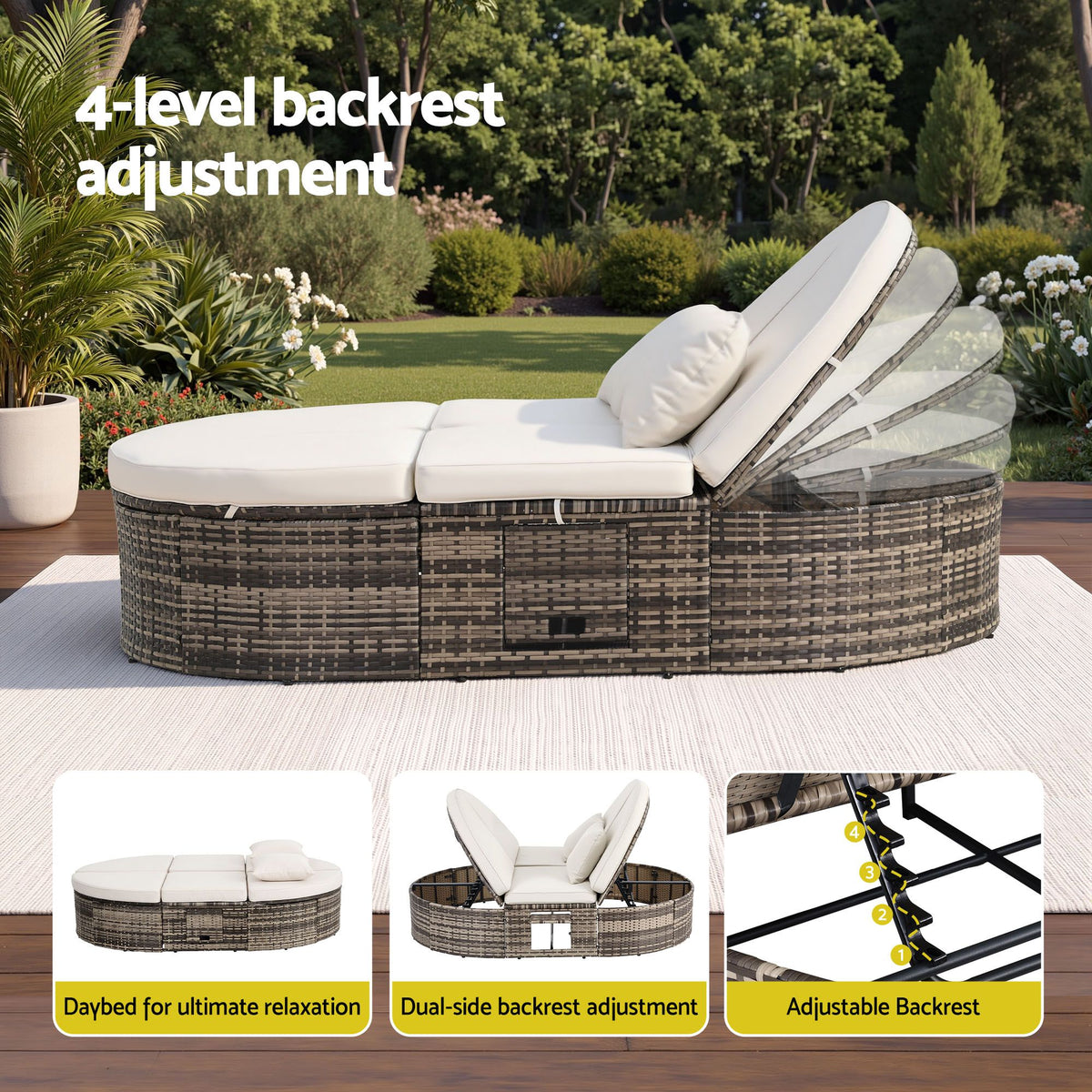 Gardeon Outdoor Day Bed Sun Lounge Setting Wicker Lounger Patio Furniture w/ Retractable Side Tray