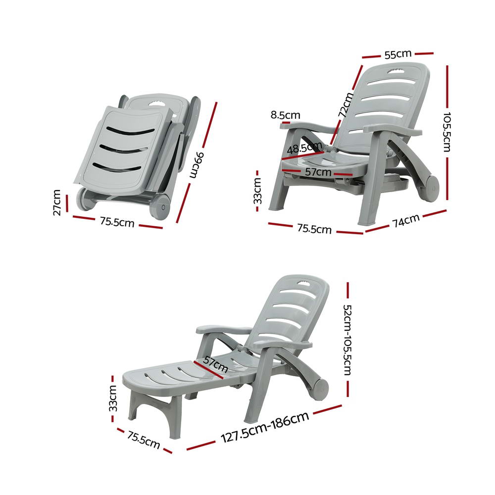 Gardeon Sun Lounger Folding Lounge Chair Wheels Patio Outdoor Furniture Grey-Furniture > Outdoor-PEROZ Accessories