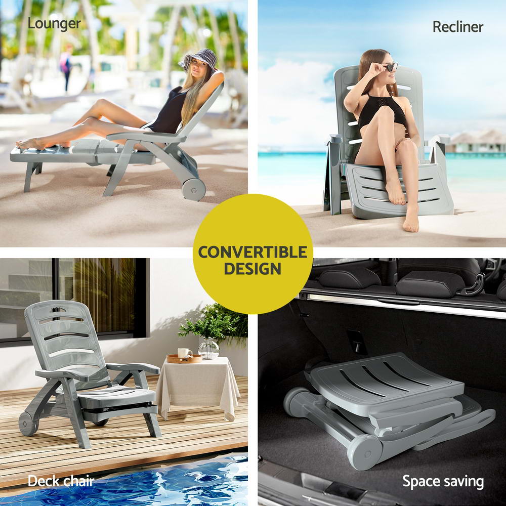 Gardeon Sun Lounger Folding Lounge Chair Wheels Patio Outdoor Furniture Grey-Furniture > Outdoor-PEROZ Accessories