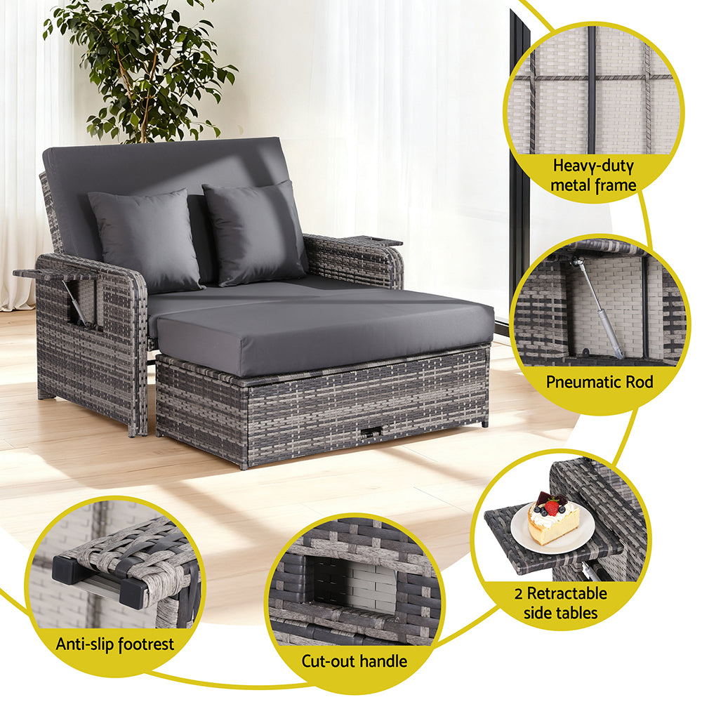 Gardeon Outdoor Day Bed Sun Lounge Setting Wicker Lounger Patio Furniture Grey-Furniture > Sofas > Sofas & Sofa Beds-PEROZ Accessories