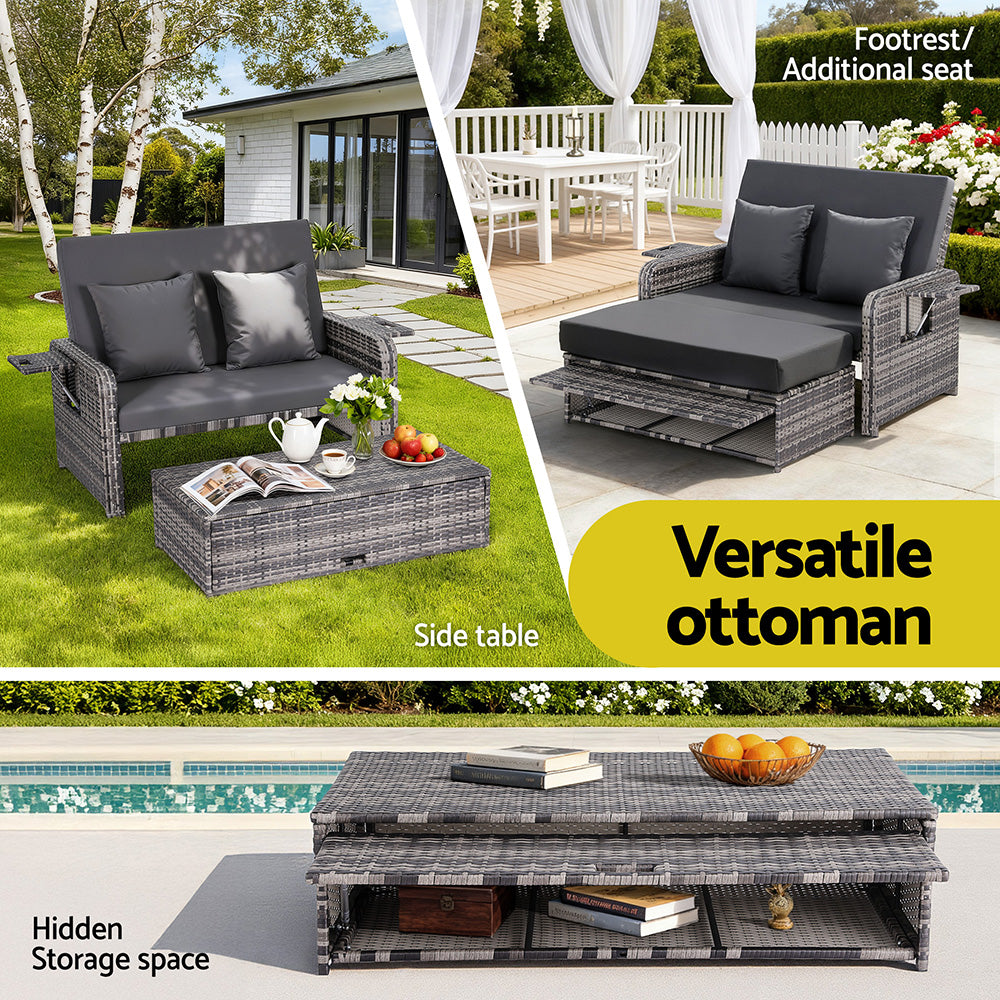 Gardeon Outdoor Day Bed Sun Lounge Setting Wicker Lounger Patio Furniture Grey-Furniture > Sofas > Sofas & Sofa Beds-PEROZ Accessories