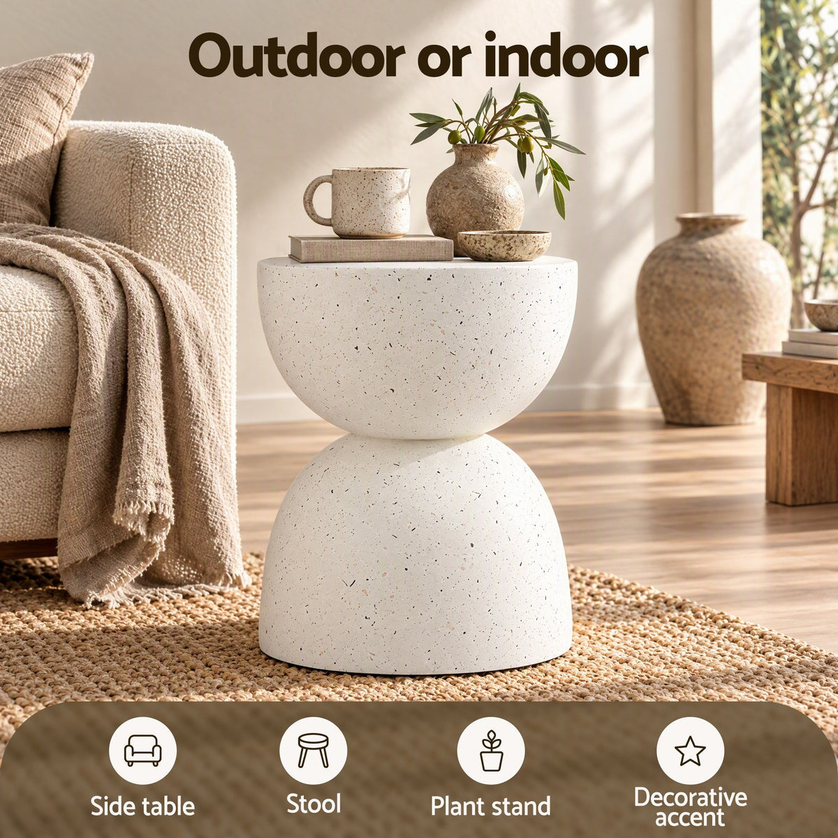 Gardeon Outdoor Side Table MGO Hourglass Garden Stool Terrazzo Look White-Furniture > Living Room > Side Tables-PEROZ Accessories