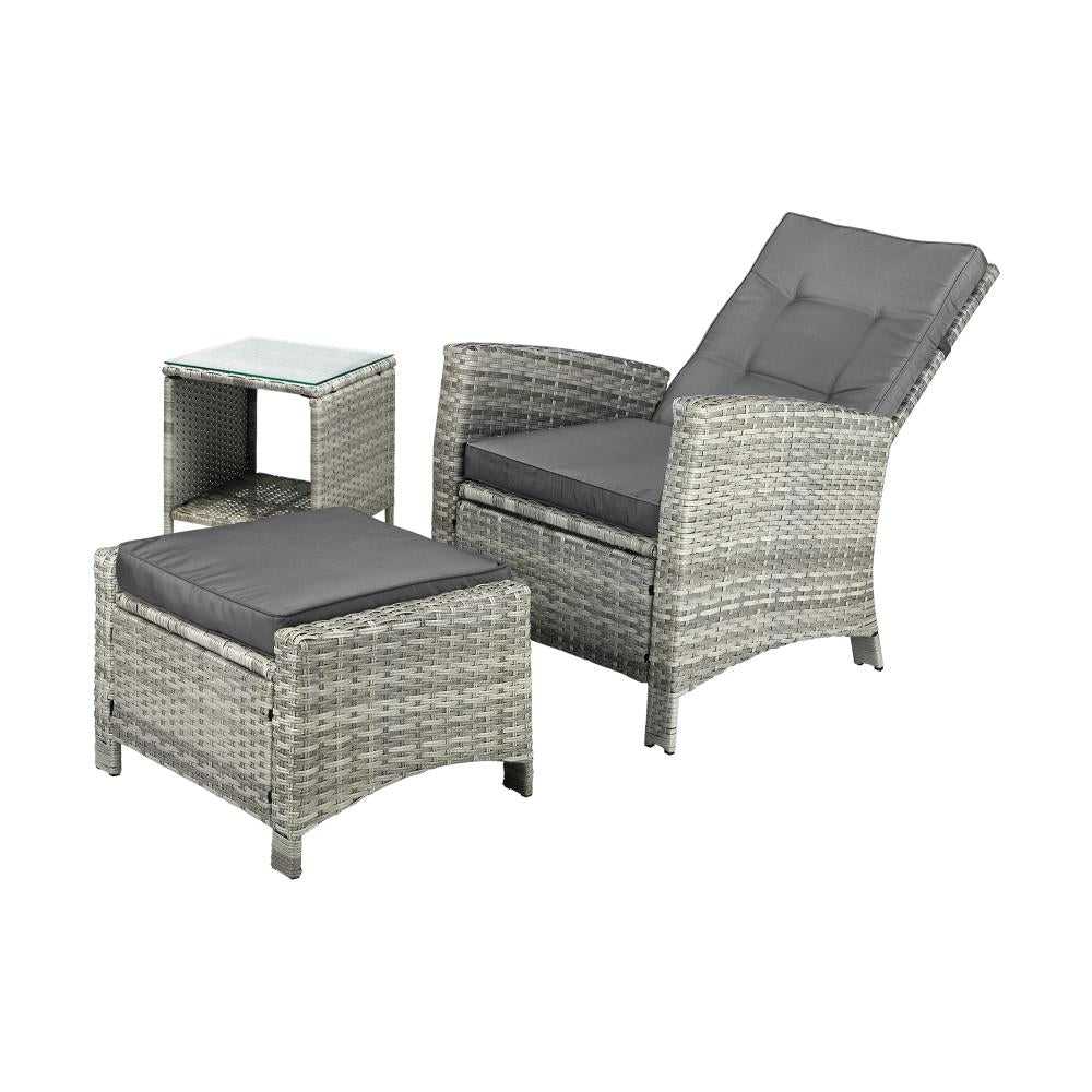 Livsip Recliner Chair Outdoor Sun Lounge Setting Wicker Sofa Patio Furniture 3PC-Outdoor Recliners-PEROZ Accessories