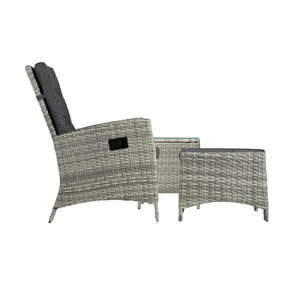 Livsip Recliner Chair Outdoor Sun Lounge Setting Wicker Sofa Patio Furniture 3PC-Outdoor Recliners-PEROZ Accessories