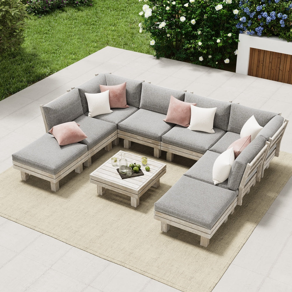 Livsip 9PCS Outdoor Sofa Set Wooden Lounge Setting Table Chair-Outdoor Sofa Set-PEROZ Accessories