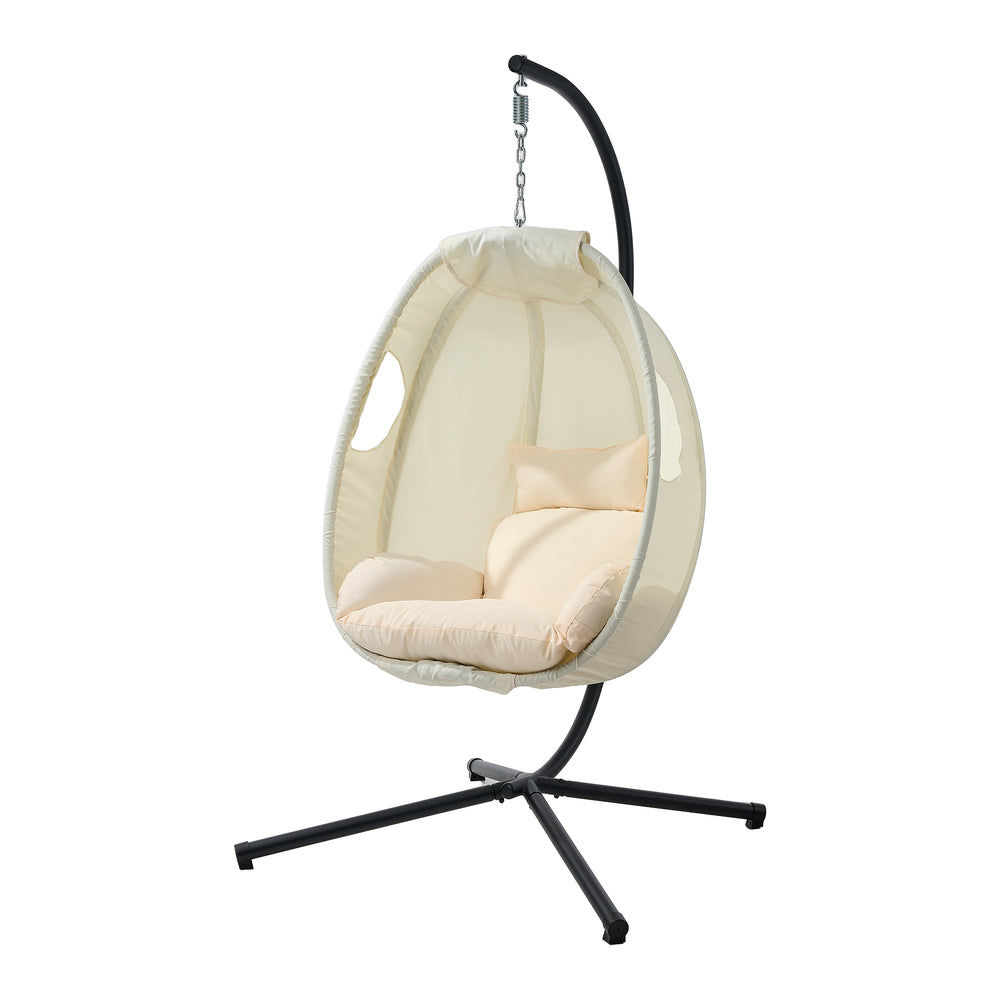 Livsip Outdoor Egg Hanging Chair Swing Seat with Stand Cushions Beige-Outdoor Hanging Chair-PEROZ Accessories