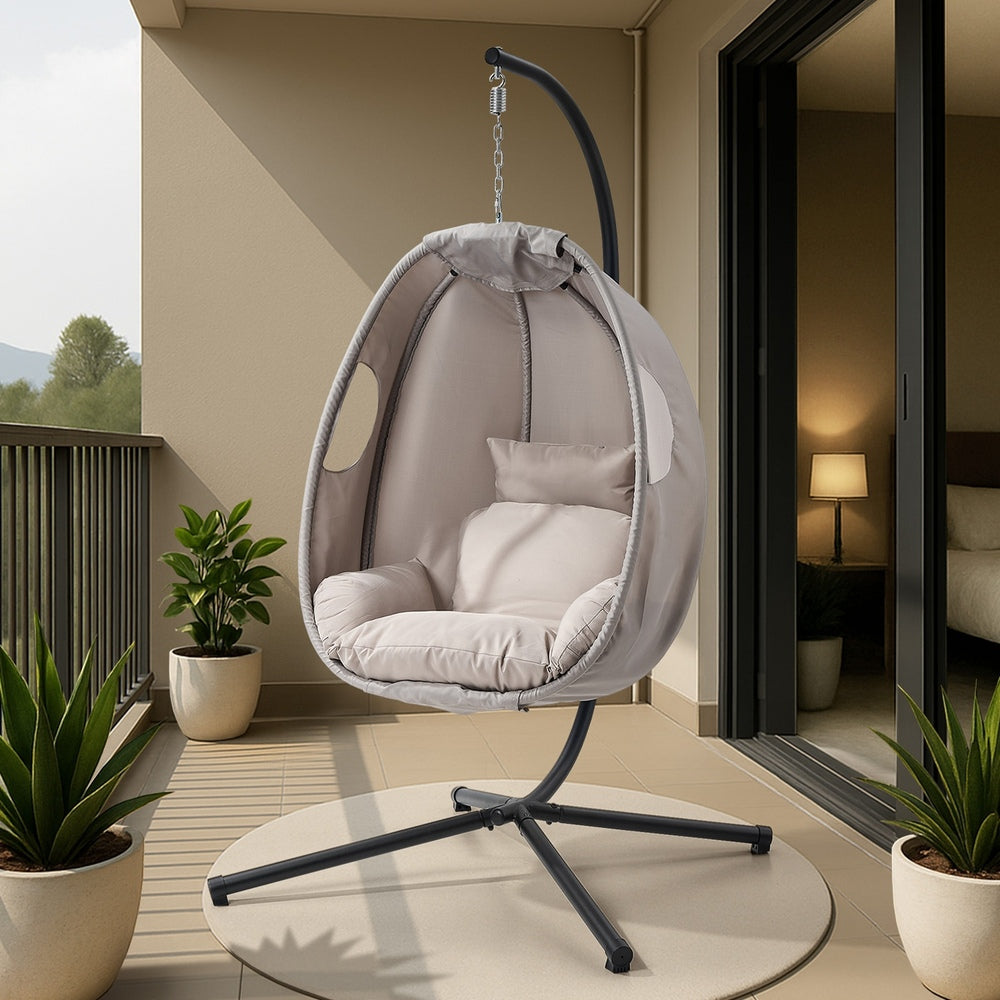Livsip Outdoor Egg Hanging Chair Swing Seat with Stand Cushions Grey-Outdoor Hanging Chair-PEROZ Accessories