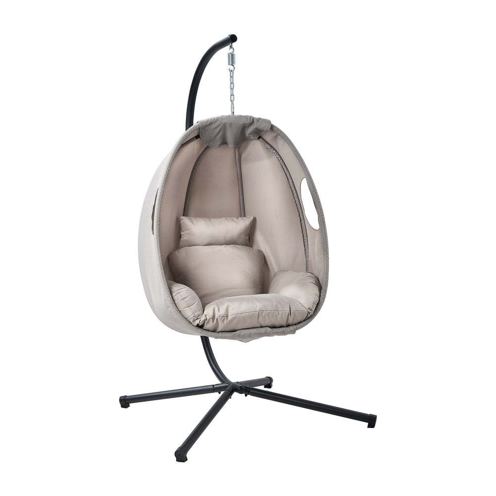 Livsip Outdoor Egg Hanging Chair Swing Seat with Stand Cushions Grey-Outdoor Hanging Chair-PEROZ Accessories