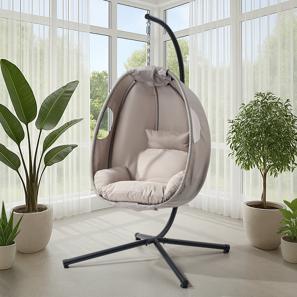 Livsip Outdoor Egg Hanging Chair Swing Seat with Stand Cushions Grey-Outdoor Hanging Chair-PEROZ Accessories