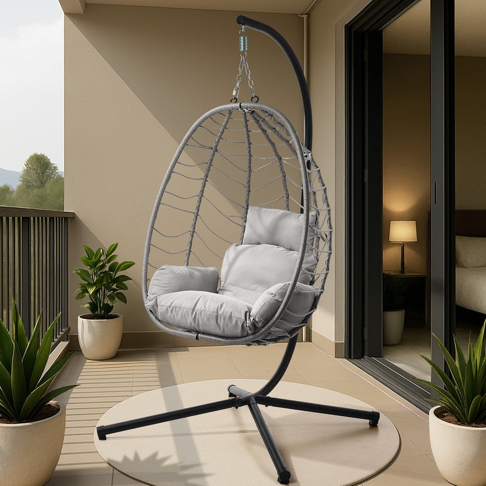 Livsip Outdoor Rattan Hanging Chair Porch Swing Chair Egg Seat Grey-Outdoor Hanging Chair-PEROZ Accessories