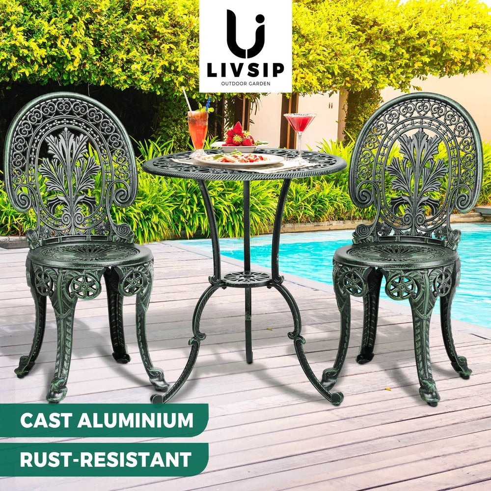 Livsip Bistro Setting Outdoor Cast Aluminium Table Chair Garden Furniture 3Piece-Outdoor Patio Sets-PEROZ Accessories
