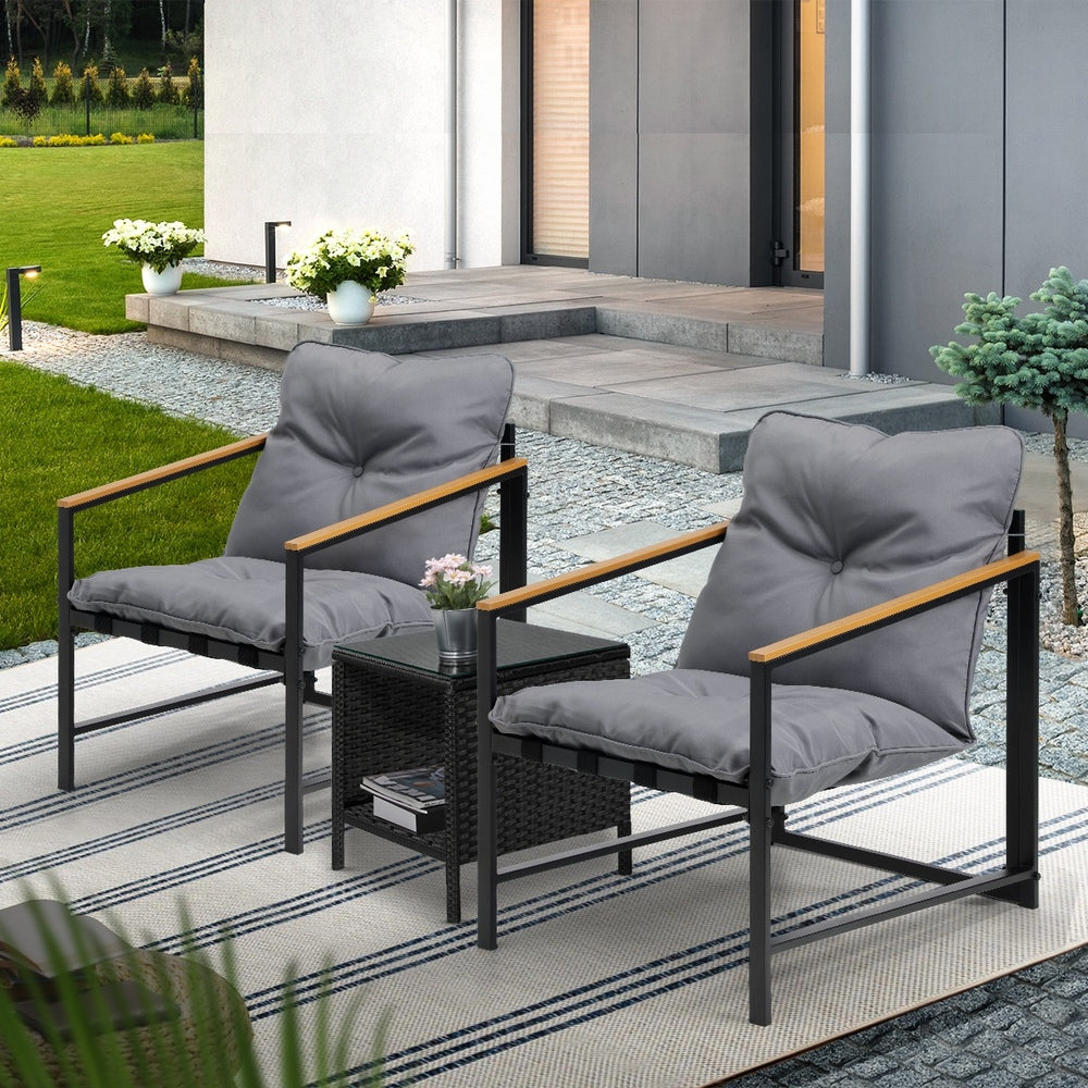 Livsip 3 Piece Outdoor Patio Set Metal Chairs Rattan Table-Outdoor Patio Set-PEROZ Accessories