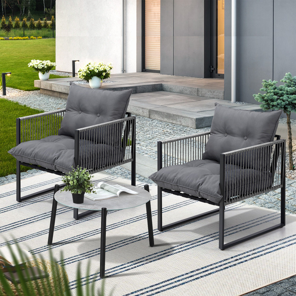 Livsip 3PCS Outdoor Patio Set 50cm Grey Table Cushioned Armchairs-Outdoor Patio Set-PEROZ Accessories