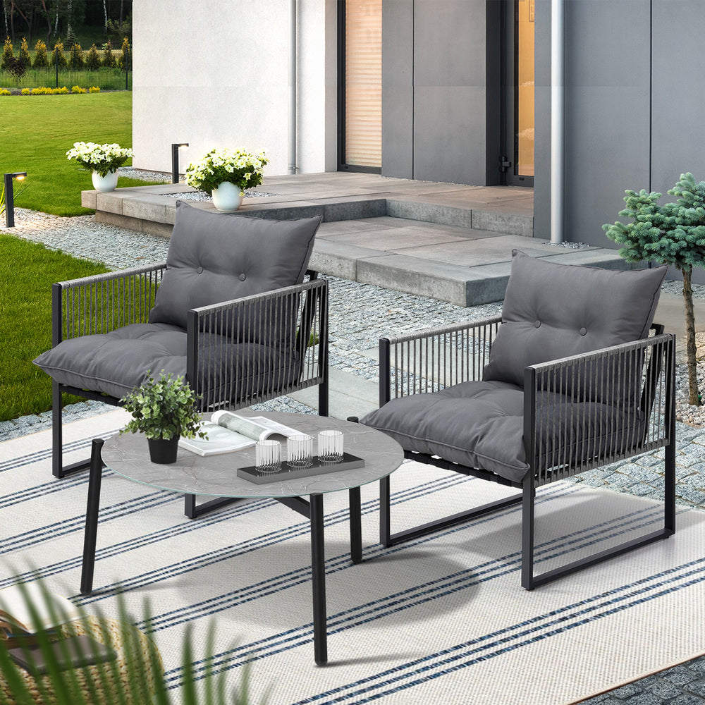 Livsip 3PCS Outdoor Patio Set Grey 70cm Table Cushioned Armchairs-Outdoor Patio Set-PEROZ Accessories
