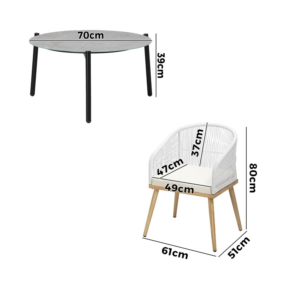 Livsip 3 Piece Outdoor Patio Set 70cm Table Polyester Chair Rope-Outdoor Patio Set-PEROZ Accessories
