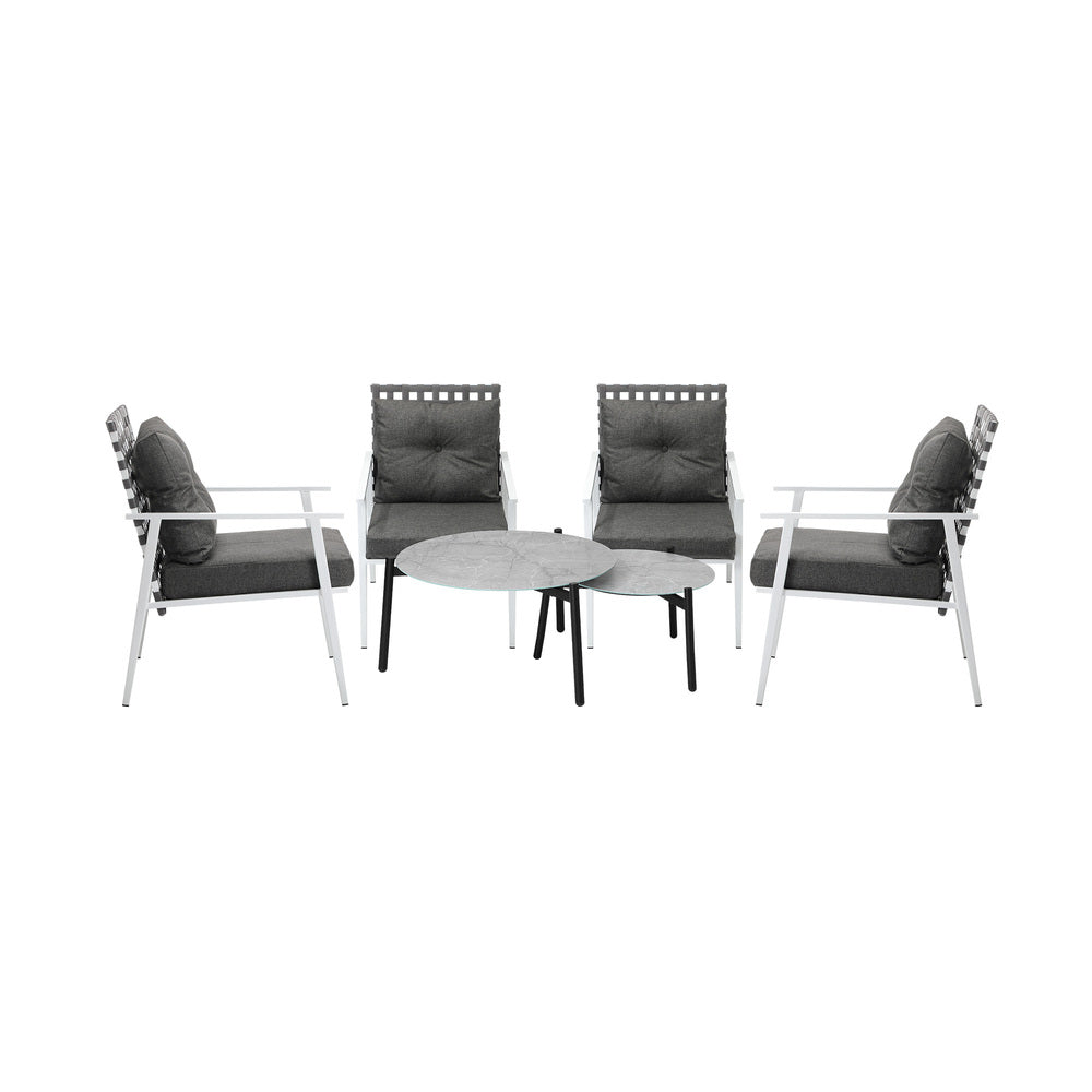 Livsip 6pc Outdoor Patio Set Grey Round Table 4pc Rattan White Chairs-Outdoor Patio Set-PEROZ Accessories