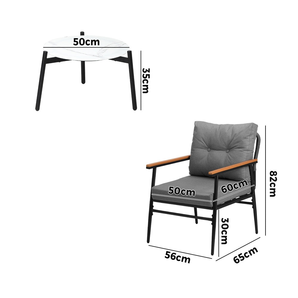 Livsip 3pcs Outdoor Patio Set 50cm Table Grey and Black Armchairs-Outdoor Patio Set-PEROZ Accessories