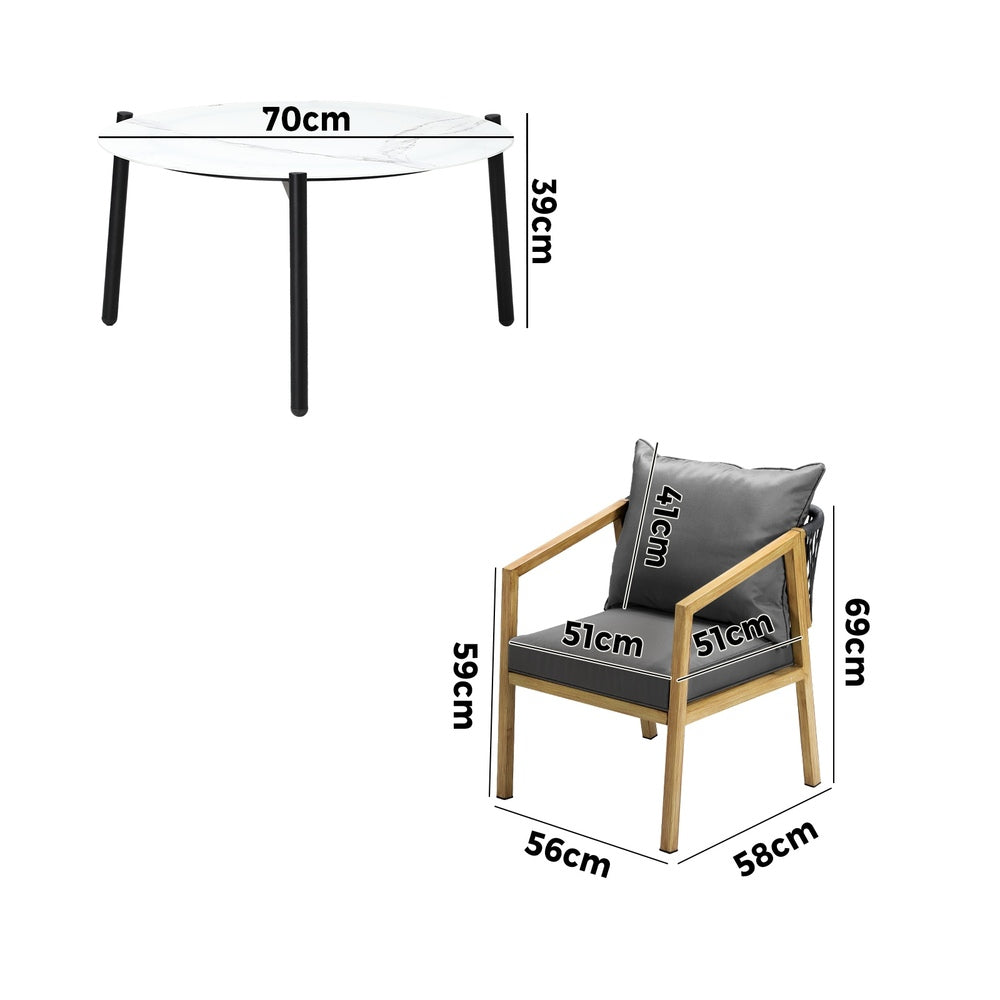 Livsip 3PCS Outdoor Patio Set 70cm Coffee Table Grey and Natural Chairs-Outdoor Patio Set-PEROZ Accessories