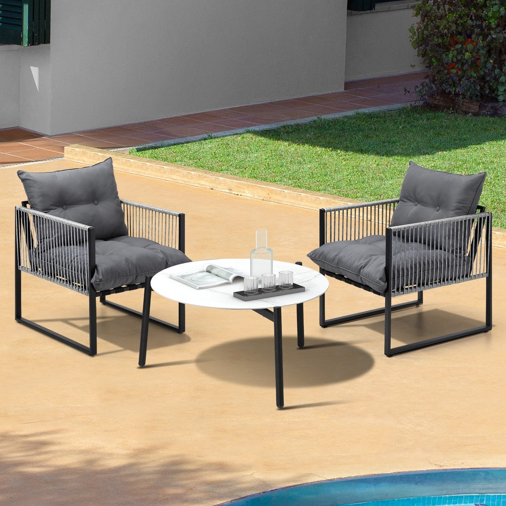 Livsip 3PCS Outdoor Patio Set White 70cm Table Cushioned Armchairs-Outdoor Patio Set-PEROZ Accessories