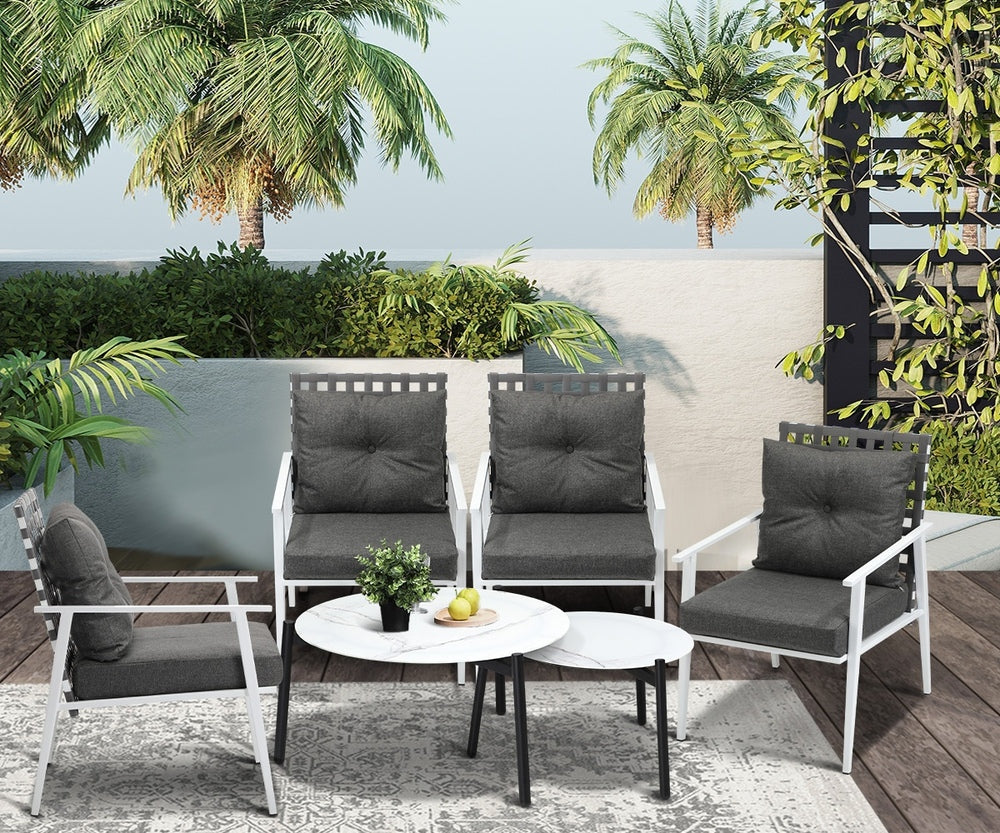 Livsip 6pc Outdoor Lounge Sets White Round Tables 4pc Rattan Chairs-Outdoor Patio Set-PEROZ Accessories