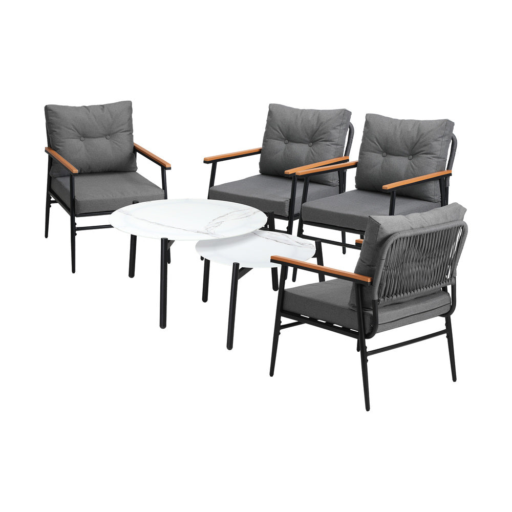 Livsip 6 Piece Outdoor Patio Set White Table Set Black Armchairs-Outdoor Patio Set-PEROZ Accessories