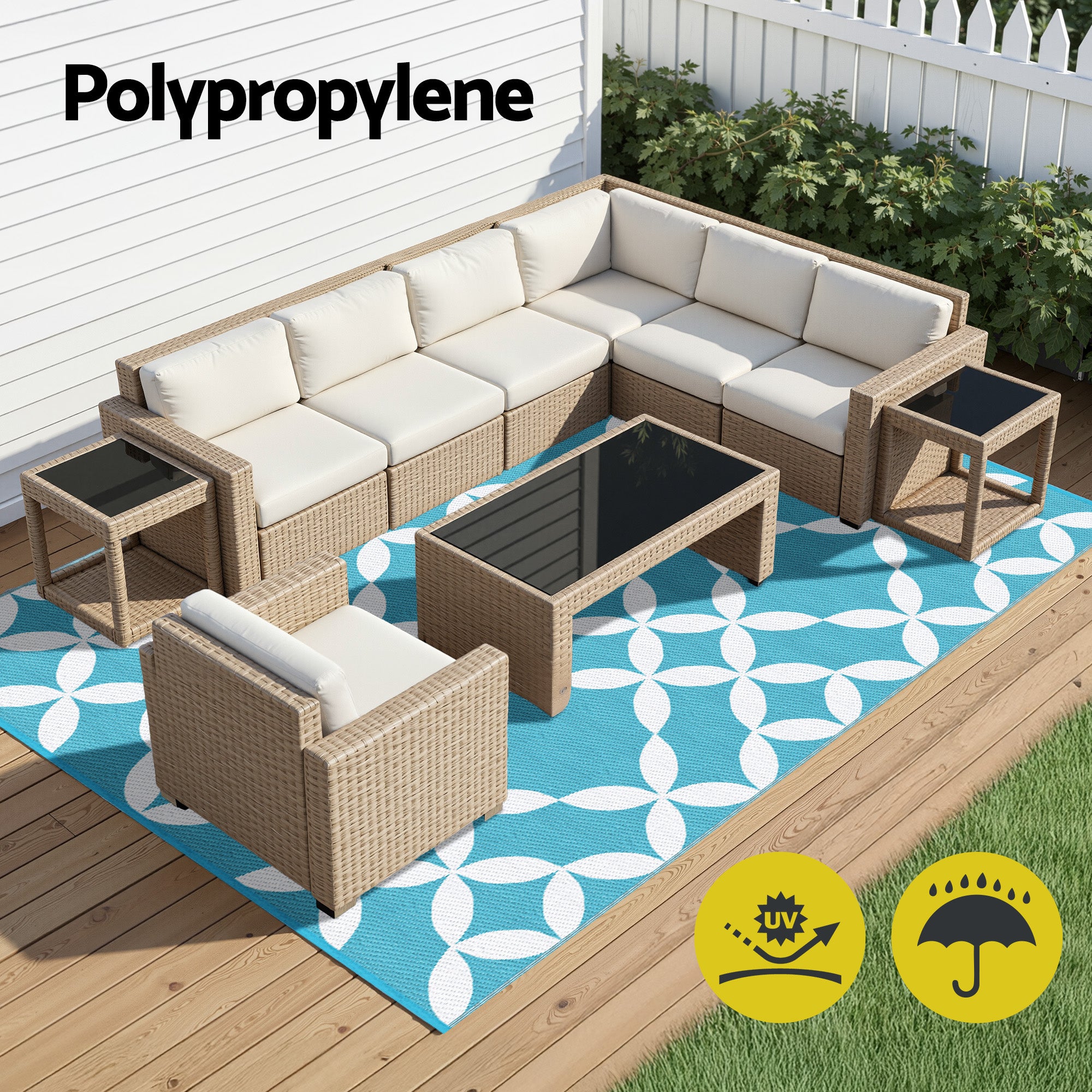 Gardeon Outdoor Rugs 274x366cm Large Carpet Reversible Area Mat PP Dual-Sided Patio Rug Light Blue-Home & Garden > Rugs > Outdoor Rugs-PEROZ Accessories