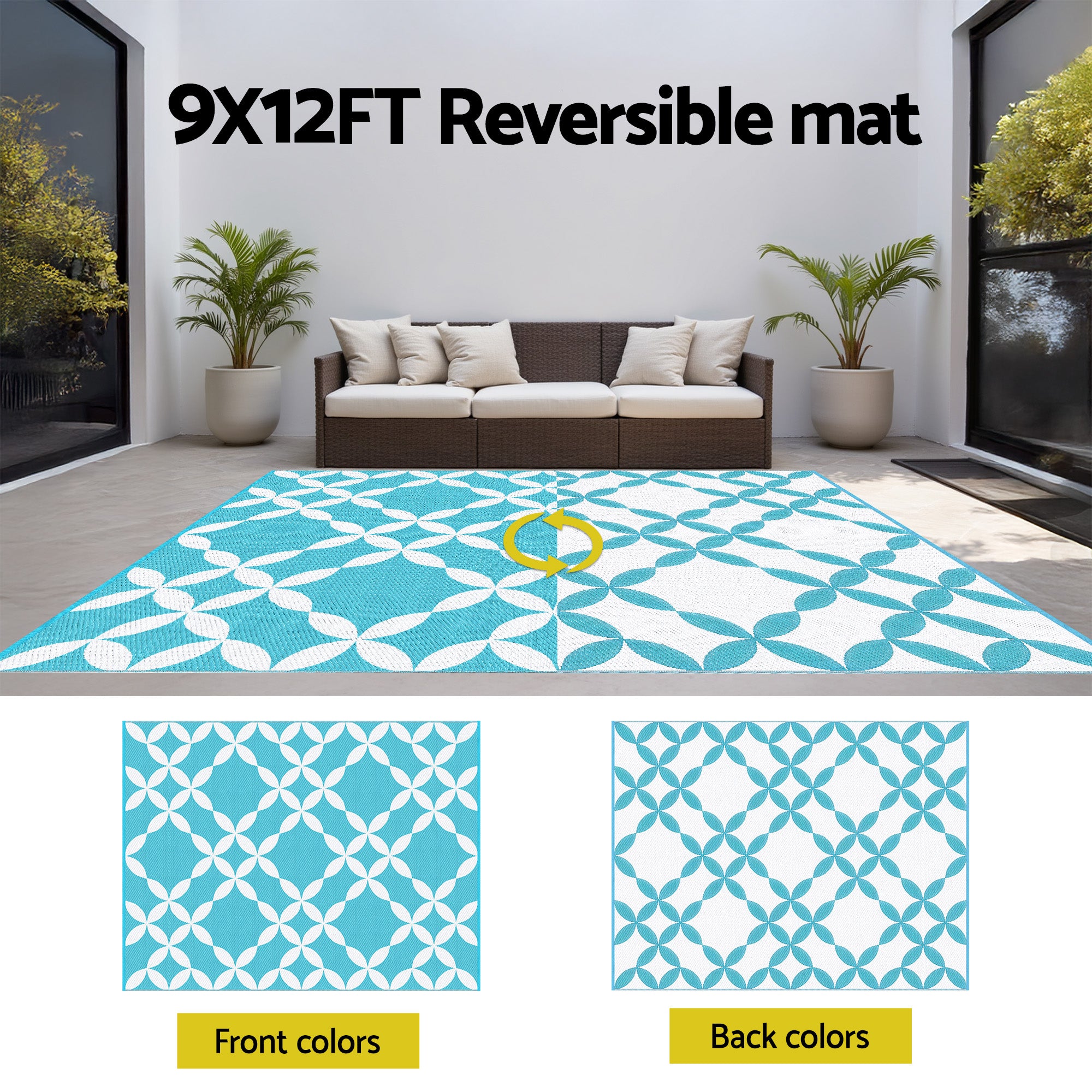 Gardeon Outdoor Rugs 274x366cm Large Carpet Reversible Area Mat PP Dual-Sided Patio Rug Light Blue-Home & Garden > Rugs > Outdoor Rugs-PEROZ Accessories