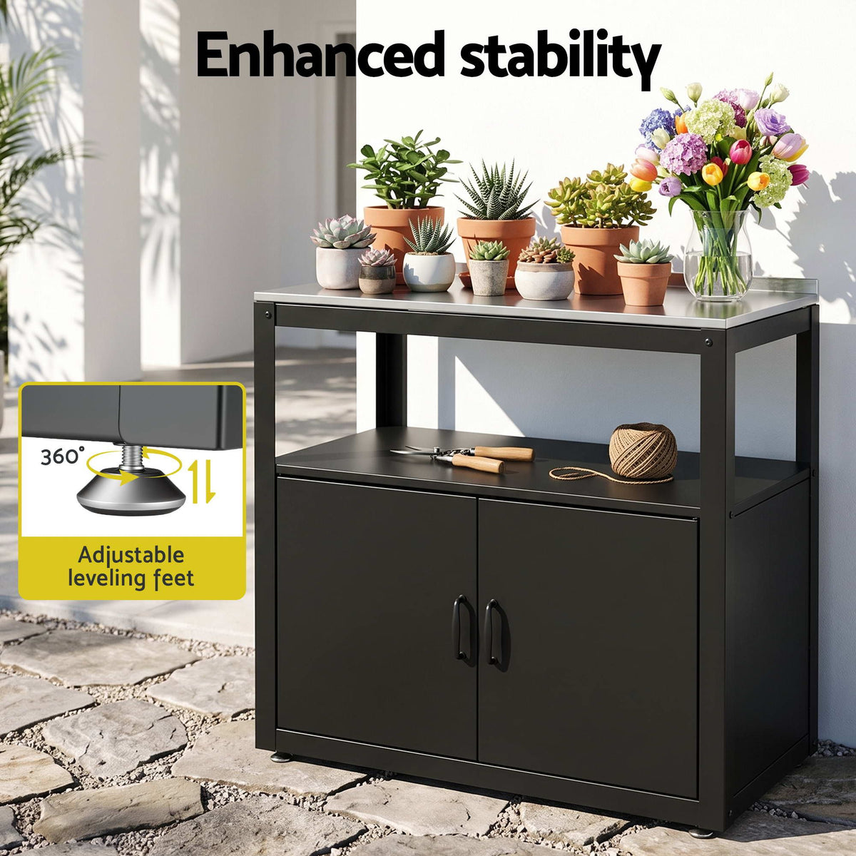 Gardeon Outdoor Storage Cabinet Garden Potting Bench Stainless Steel Table Top Black-Home & Garden > Storage > Storage Cabinets & Lockers-PEROZ Accessories