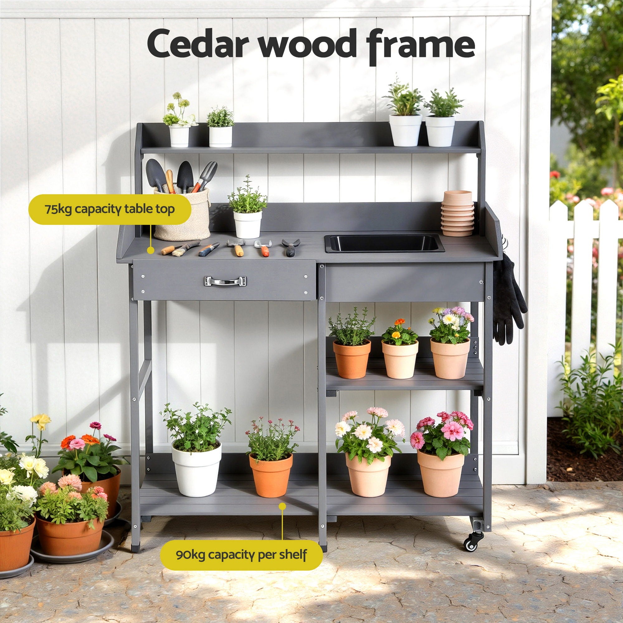 Gardeon Outdoor Potting Bench Table Storage Cabinet Potters Garden Workstation Grey-Home & Garden > Storage > Storage Cabinets & Lockers-PEROZ Accessories