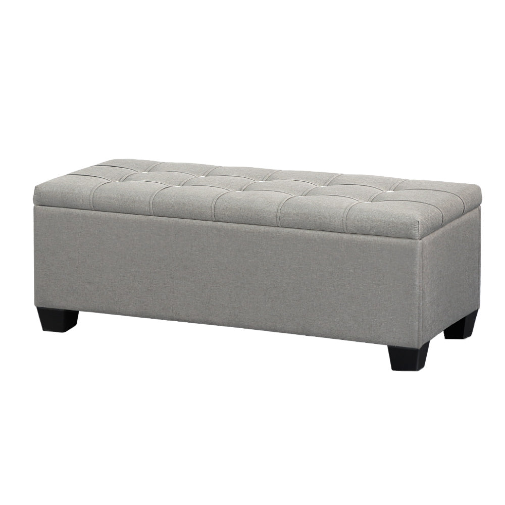Artiss Storage Ottoman Blanket Box 97cm Button Linen Grey-Ottomans-PEROZ Accessories
