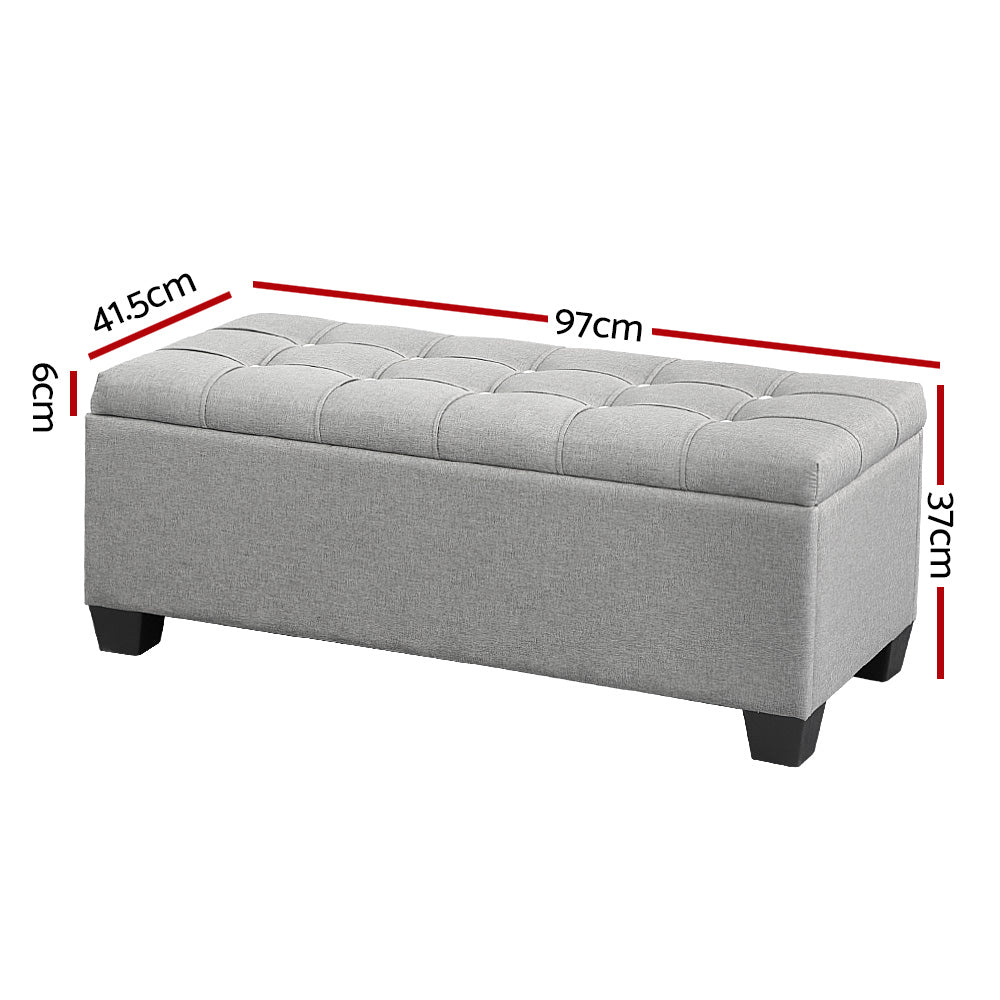 Artiss Storage Ottoman Blanket Box 97cm Button Linen Grey-Ottomans-PEROZ Accessories