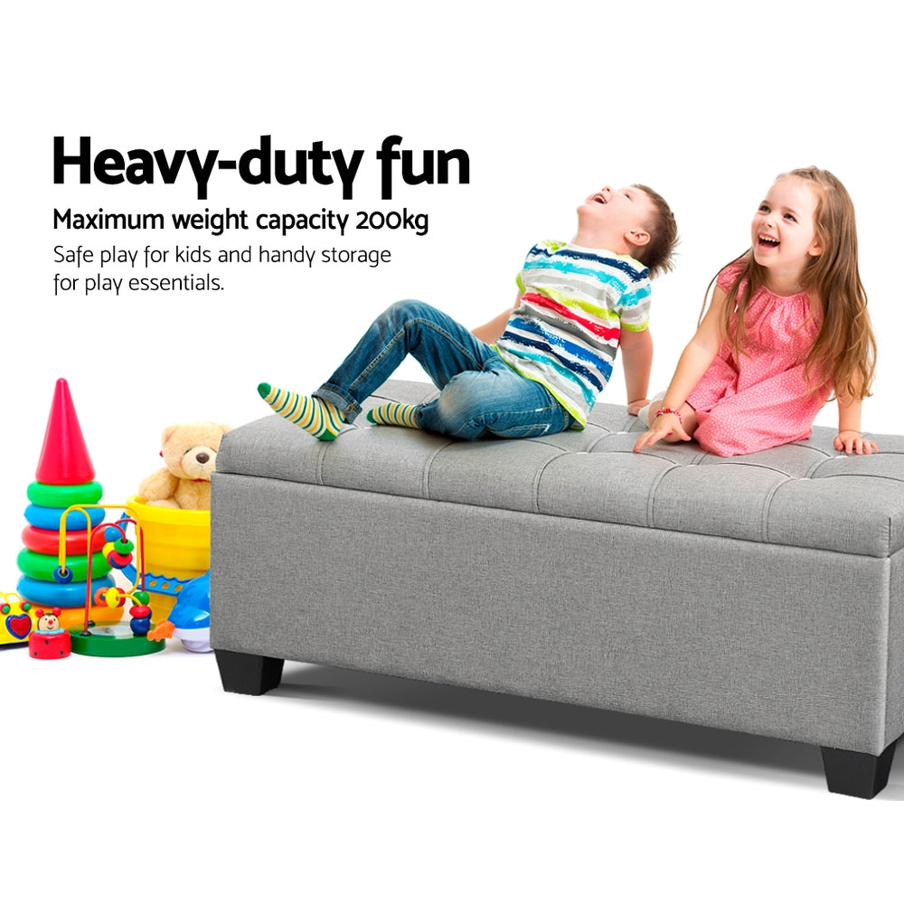 Artiss Storage Ottoman Blanket Box 97cm Button Linen Grey-Ottomans-PEROZ Accessories