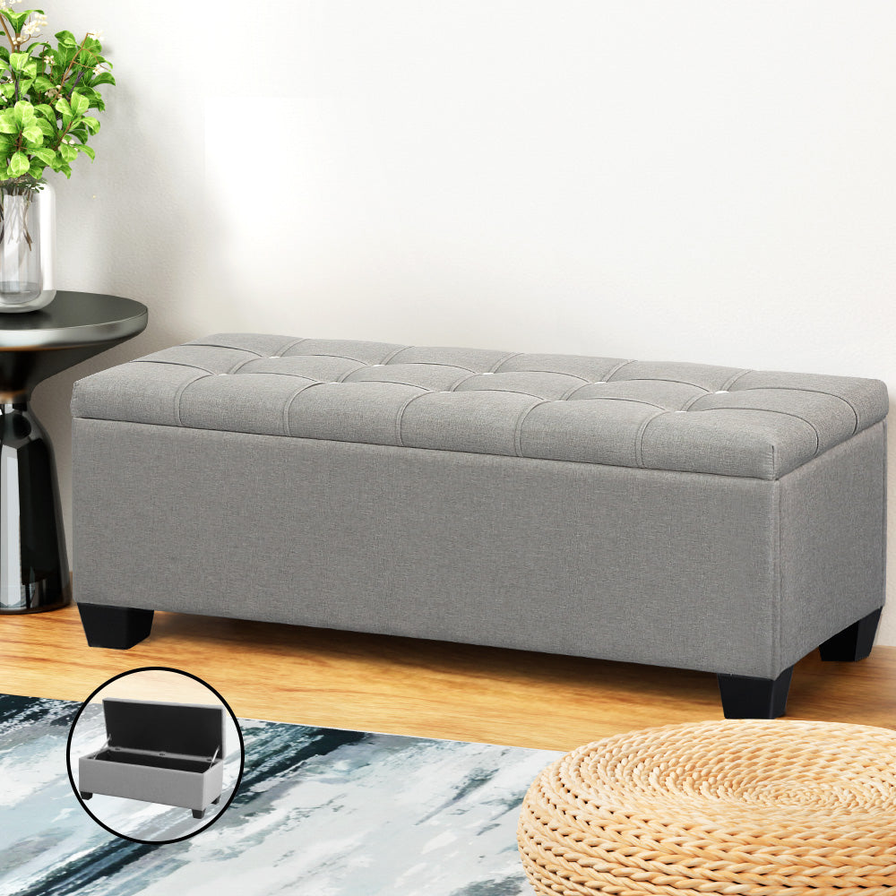 Artiss Storage Ottoman Blanket Box 97cm Button Linen Grey-Ottomans-PEROZ Accessories